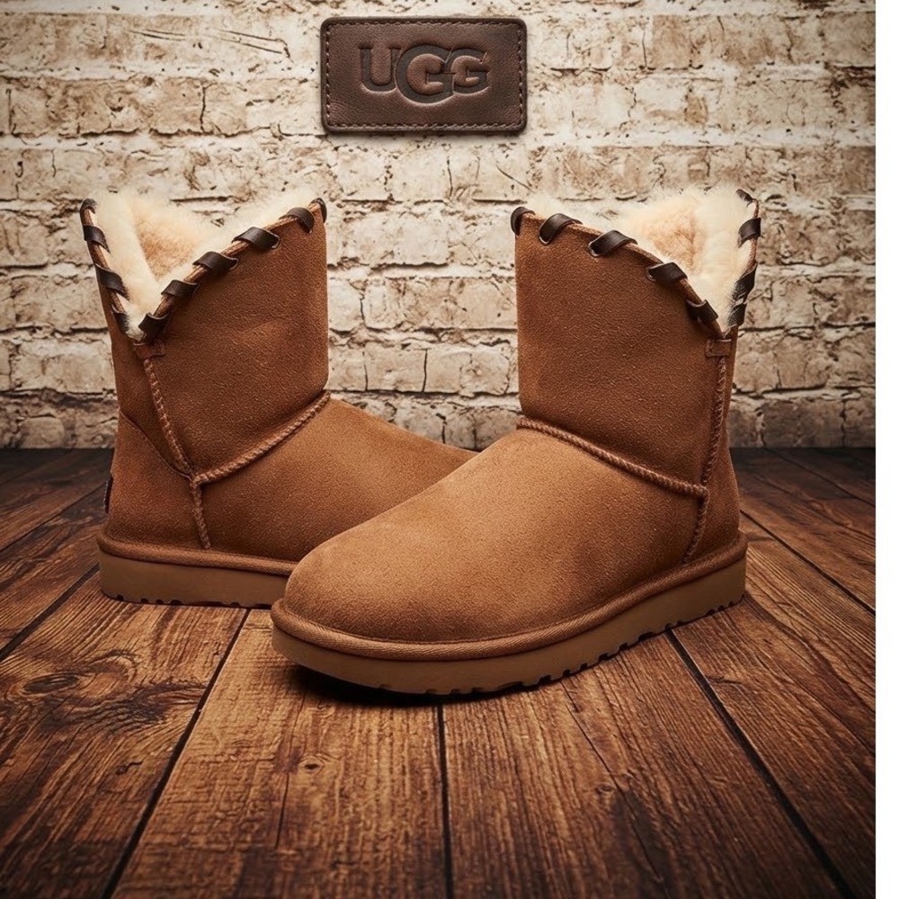 UGG Classic Short Leather Lace Chestnut Suede Shearling Boots boho western 7